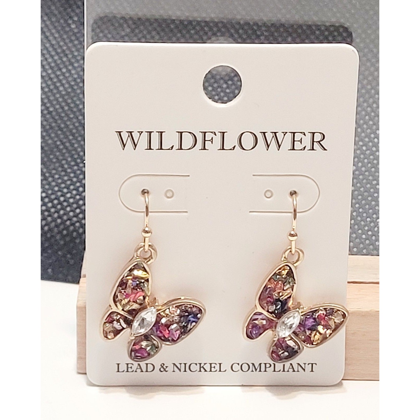 Wildflowers Butterfly Dangle Earrings Multicolored Stone Goldtone 1 In